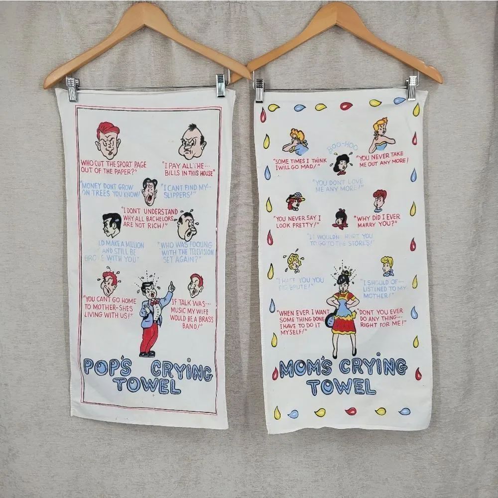 Mom's and Pop's Vintage Crying Towel with Colorful Cartoon Designs